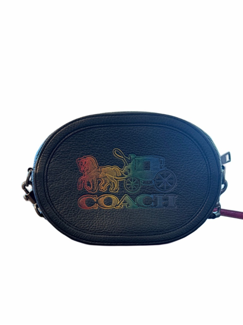 COACH Black Leather Oval Crossbody with Rainbow Coach Carriage Logo